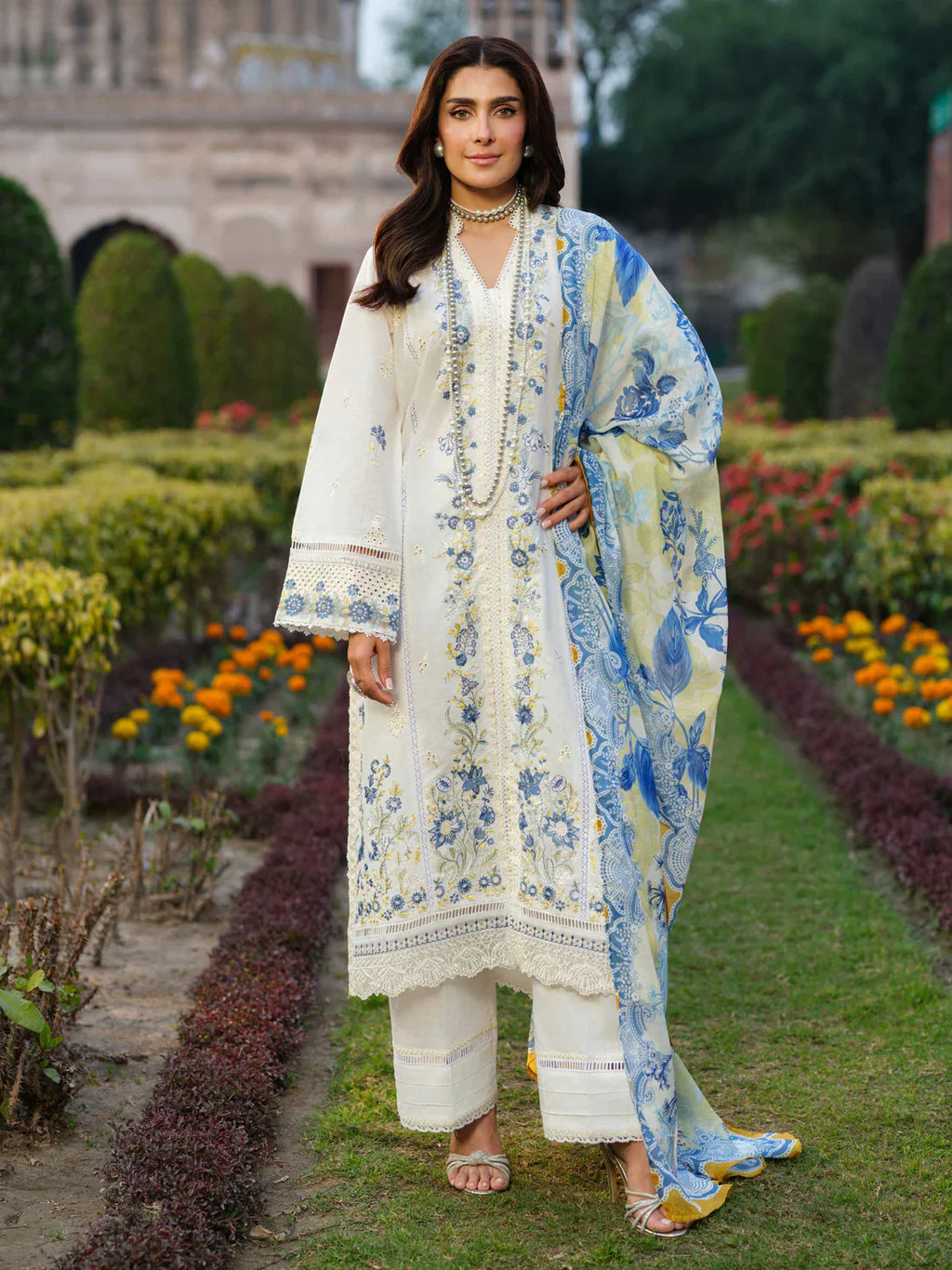 IZEL-3PC DHANAK EMBROIDERED SHIRT WITH COURTRAI WOOL PRINT SHAWL - VL1263