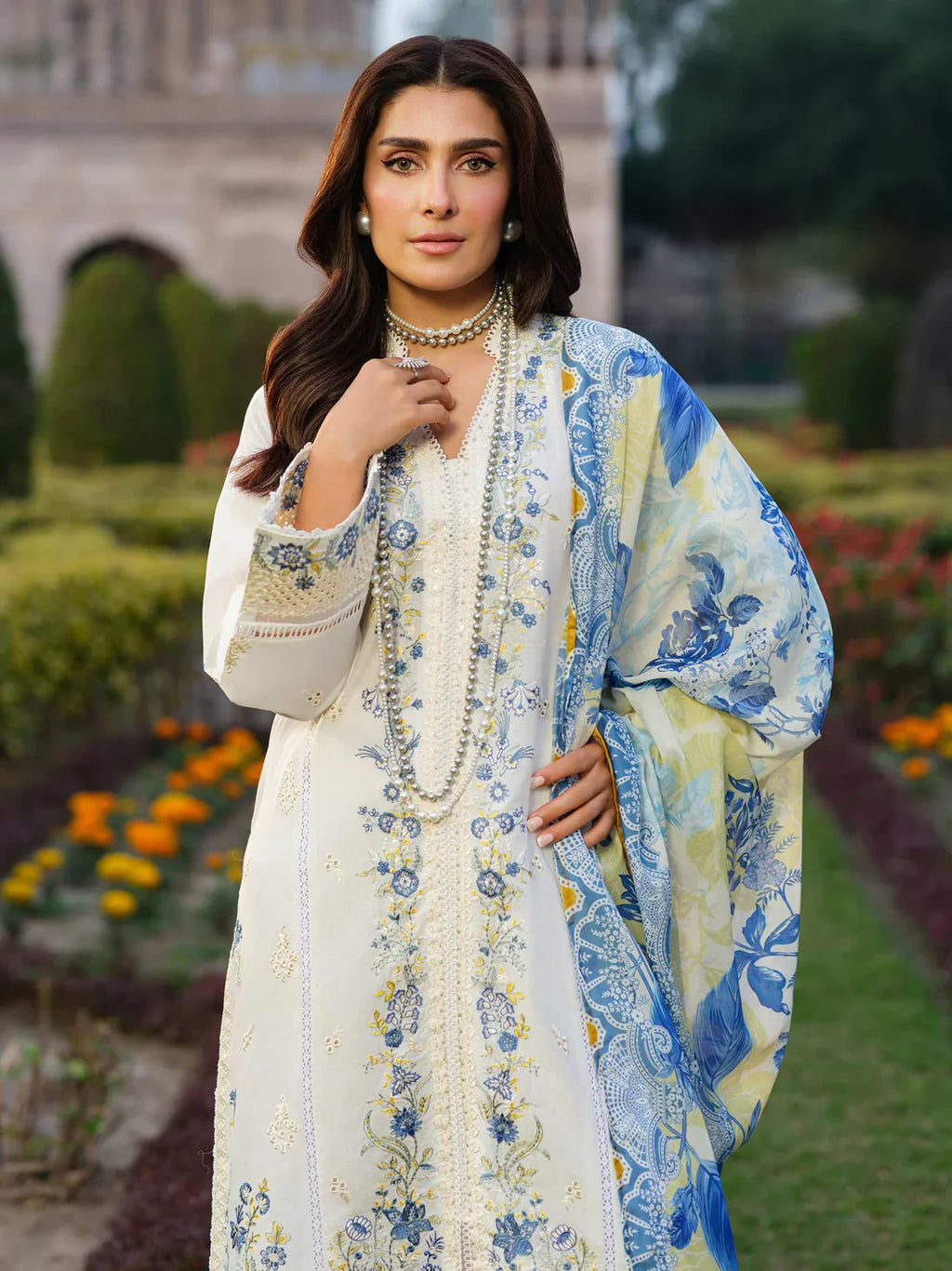 IZEL-3PC DHANAK EMBROIDERED SHIRT WITH COURTRAI WOOL PRINT SHAWL - VL1263