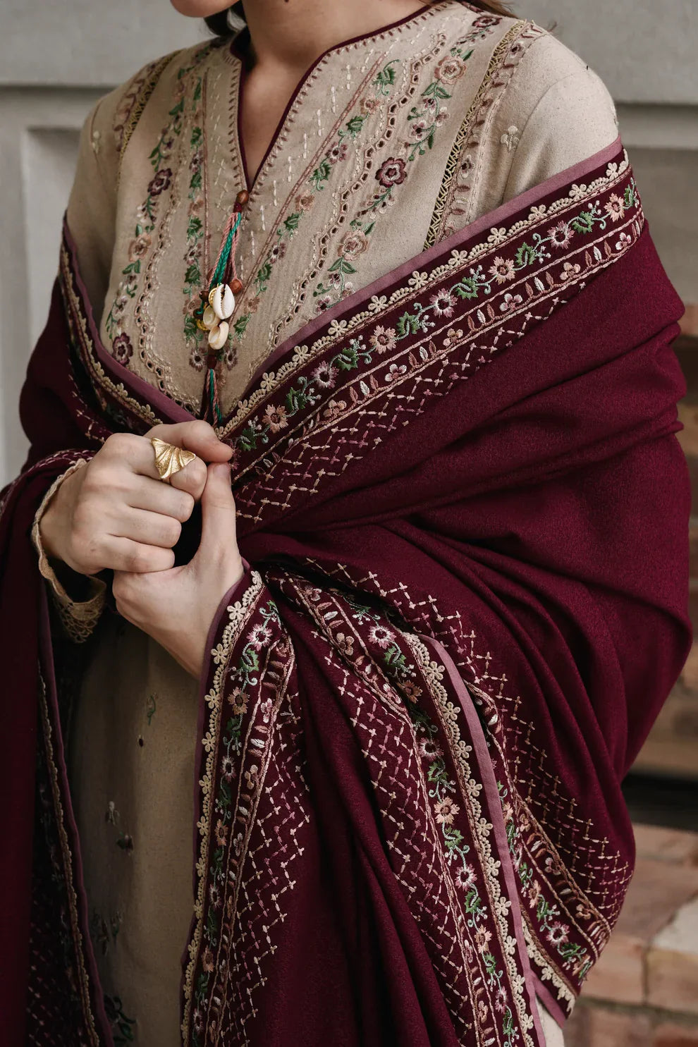 JAZMIN - 3PC DHANAK EMBROIDERED SHIRT WITH DHANAK EMBROIDERED SHAWL AND TROUSER - VL1258