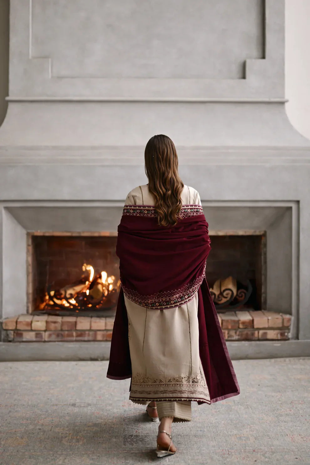 JAZMIN - 3PC DHANAK EMBROIDERED SHIRT WITH DHANAK EMBROIDERED SHAWL AND TROUSER - VL1258