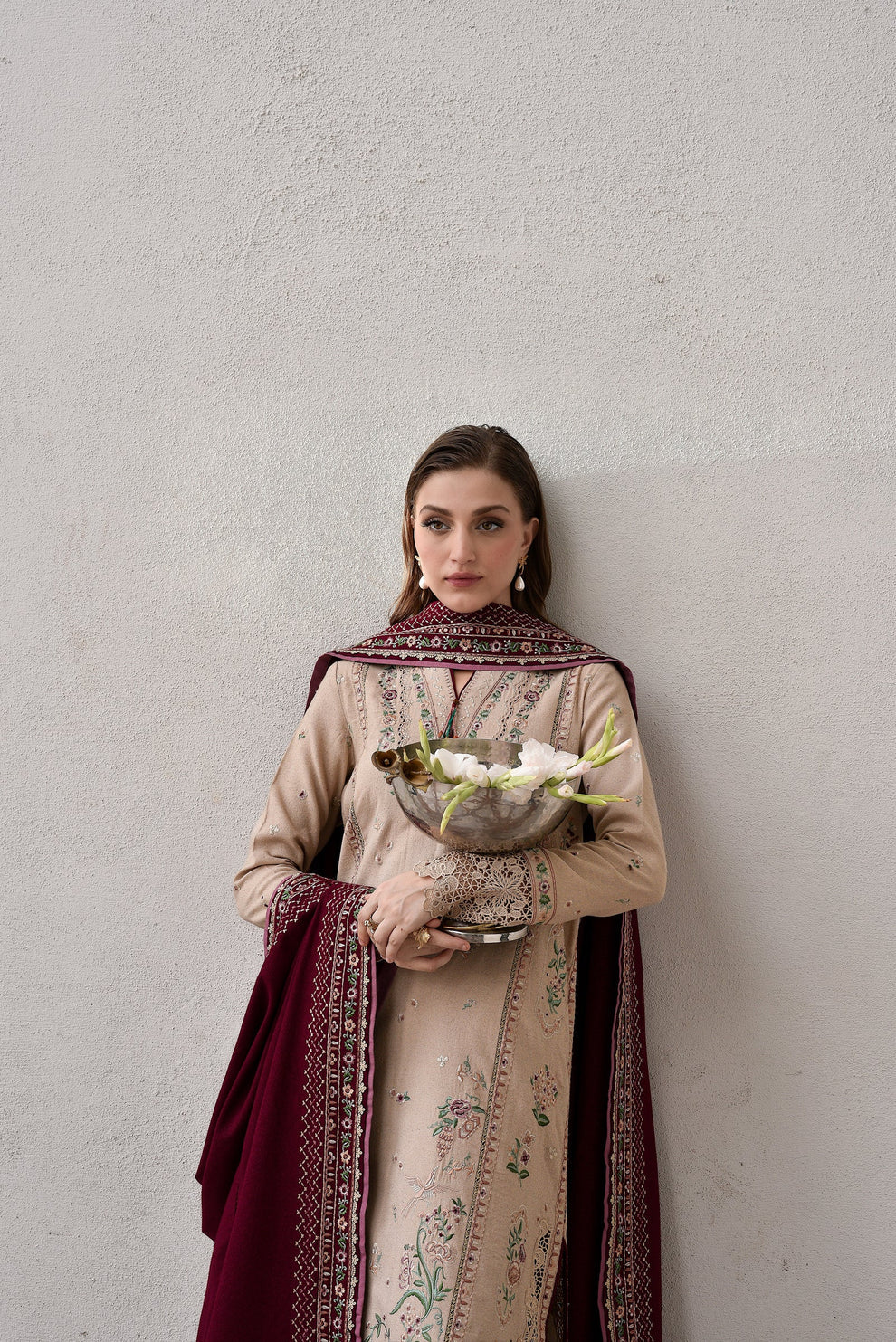 JAZMIN - 3PC DHANAK EMBROIDERED SHIRT WITH DHANAK EMBROIDERED SHAWL AND TROUSER - VL1258