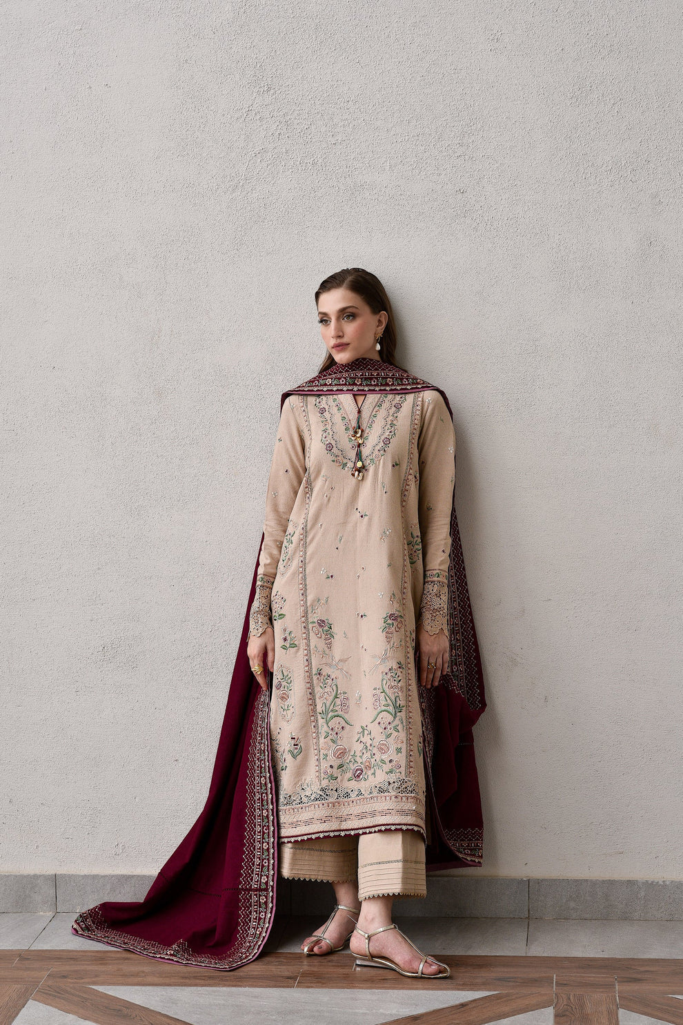JAZMIN - 3PC DHANAK EMBROIDERED SHIRT WITH DHANAK EMBROIDERED SHAWL AND TROUSER - VL1258