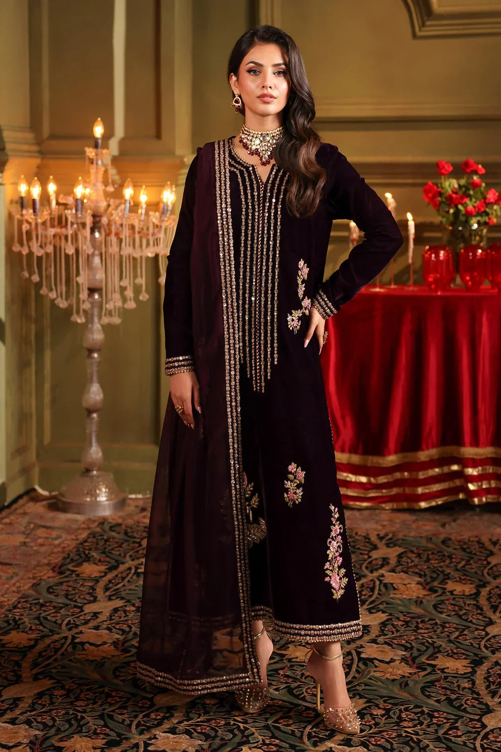 Velvet Embroidered Dress With Embroidered Chiffon Dupatta - VL947
