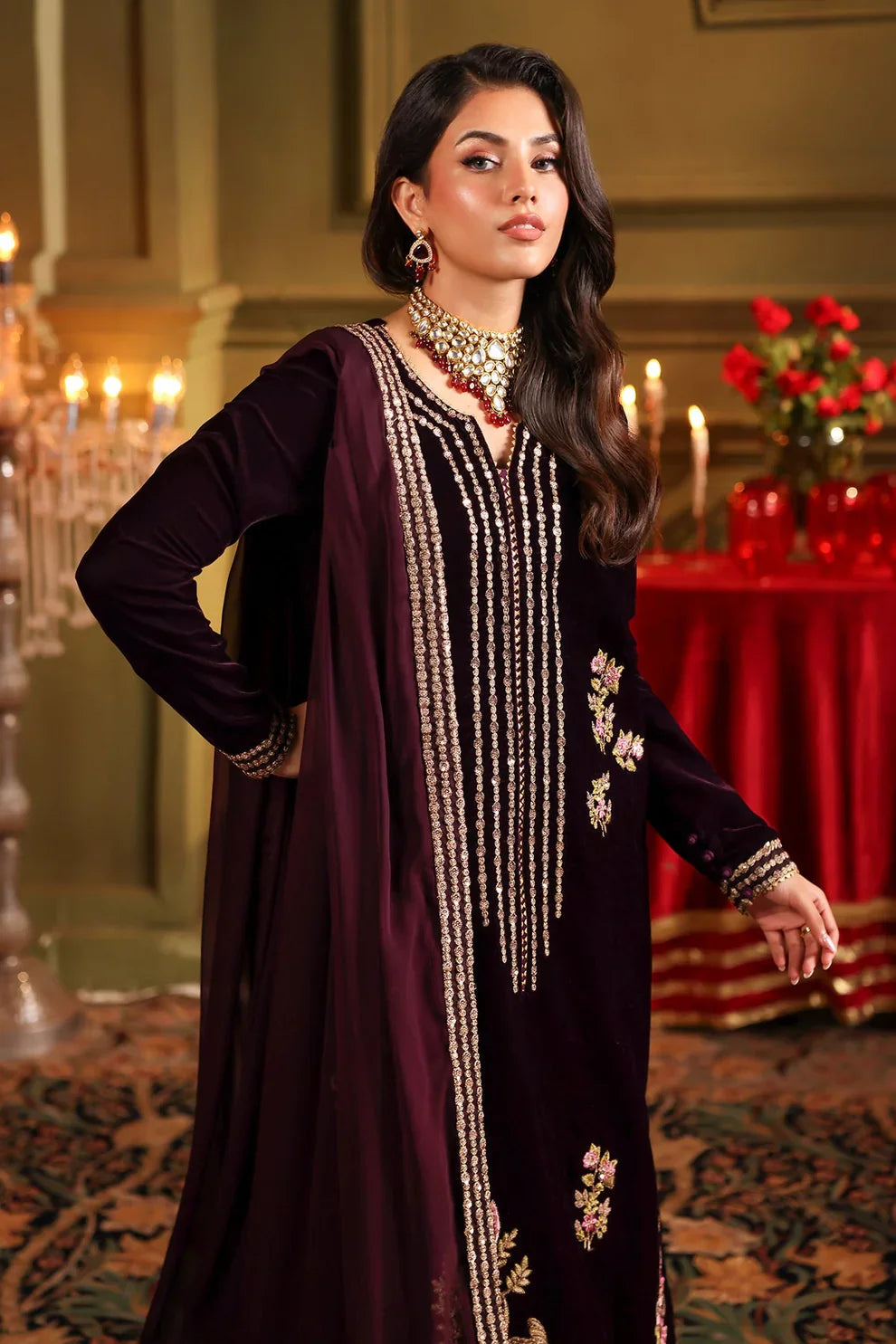 Velvet Embroidered Dress With Embroidered Chiffon Dupatta - VL947