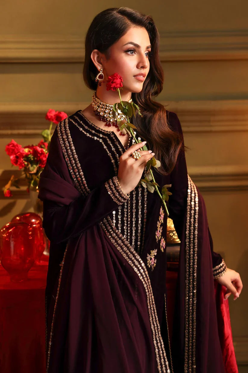 Velvet Embroidered Dress With Embroidered Chiffon Dupatta - VL947