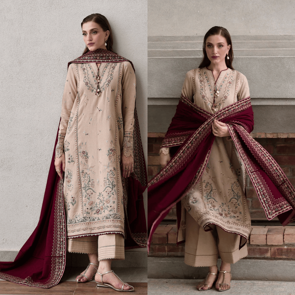 JAZMIN - 3PC DHANAK EMBROIDERED SHIRT WITH DHANAK EMBROIDERED SHAWL AND TROUSER - VL1258