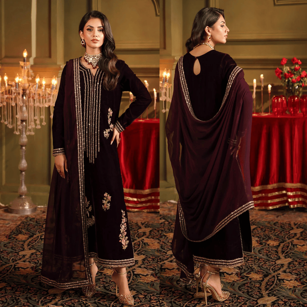 Velvet Embroidered Dress With Embroidered Chiffon Dupatta - VL947